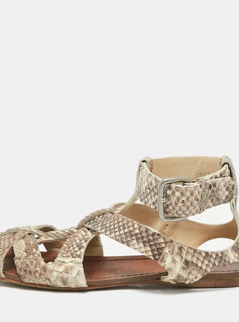 Miu Miu Beige  Python Leather Ankle Strap Flat Sandals Size 38.5