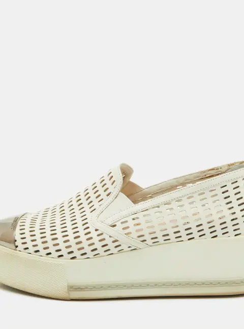 Miu Miu White Perforated Leather Metal Cap Toe Slip On Sneakers Size 37.5