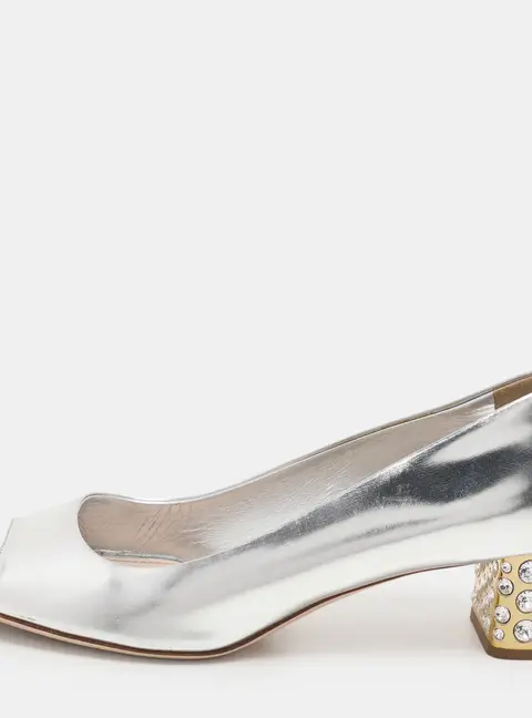 Miu Miu Silver Leather Crystal Embellished Block Heel Peep Toe Pumps Size 38.5
