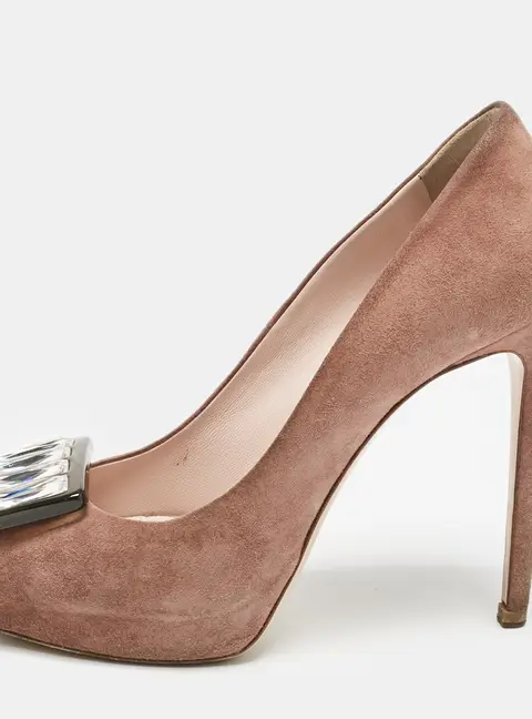 Miu Miu Beige Suede Crystal Embellished Peep Toe Platform Pumps Size 37