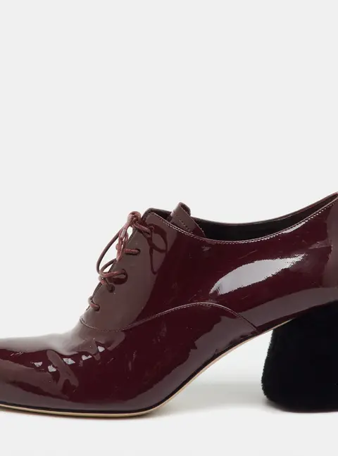 Miu Miu Burgundy Patent Leather Shearling Fur Block Heel Oxfords Size 36.5