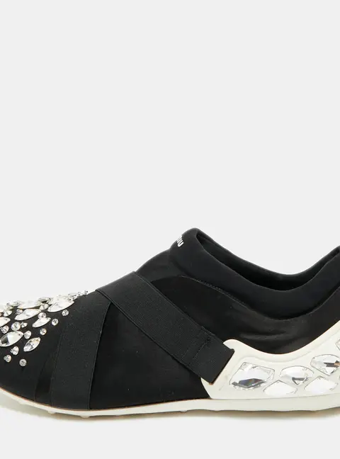 Miu Miu Black Elastic and Nylon Crystal Embellished Slip On Sneakers Size 38