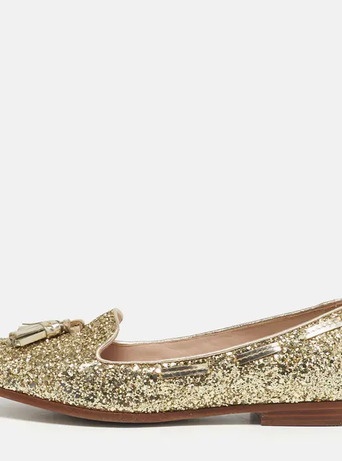 Miu Miu Size 38 Gold Glitter and Leather Tassel Smoking Slippers