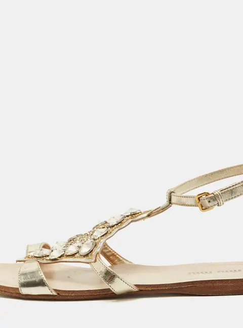 Miu Miu Size 35 Silver Foil Leather Crystal Embellished Ankle Strap Flat Sandals