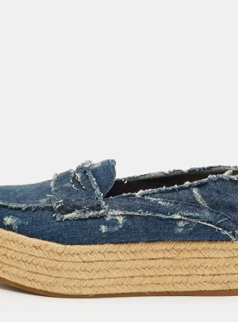 Miu Miu Size 37.5 Blue Denim Penny Loafer Platform Espadrille Loafers