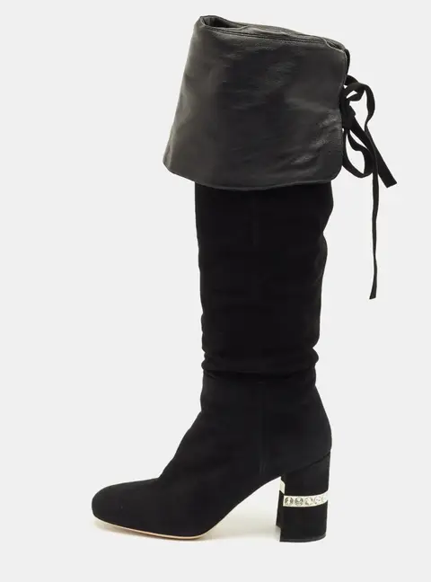 Miu Miu Size 40 Black Suede Crystal Embellished  Knee Length Boots