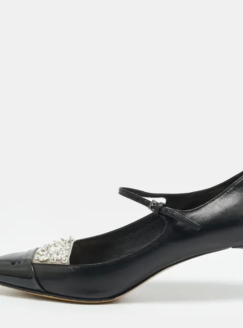 Miu Miu Size 36.5 Black Patent and Leather Crystal Embellished Mary Jane Pumps