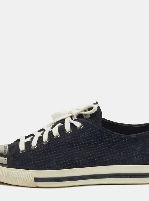 Miu Miu Size 39.5 Navy Blue Metal and Suede Cap Toe Lace Up Sneakers