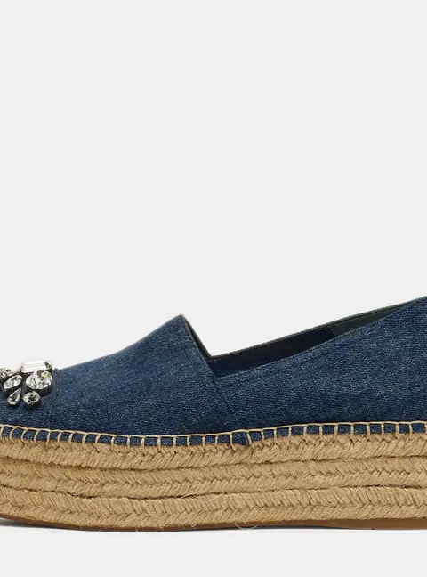 Miu Miu Size 38 Blue Denim Crystal Embellished Espadrille Platform Wedge Flats
