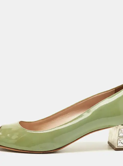 Miu Miu Size 37 Green Patent Leather Crystal Embellish Block Pumps