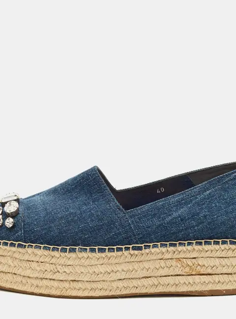 Miu Miu Size 40 Blue Denim Crystal Embellished Cap Toe Platform Espadrille Flats