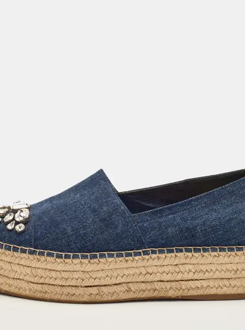 Miu Miu Size 41 Navy Blue Denim Crystal Embellished Platform Espadrille Sandals