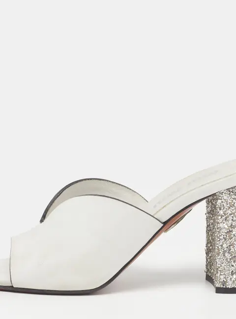 Miu Miu Size 37.5 White Leather Glitter Block Heel Slide Sandals
