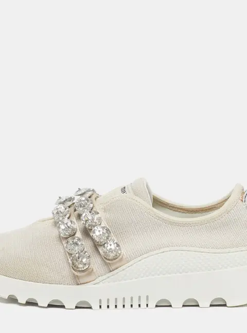 Miu Miu Size 36 Cream Knit Fabric Crystal Embellished Slip On Sneakers