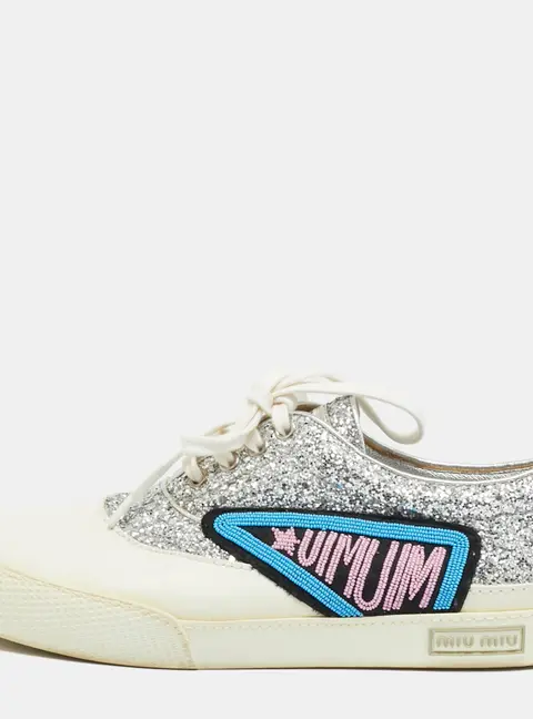 Miu Miu Patch Size 38.5 White/Silver Glitter and Leather Low Top Sneakers