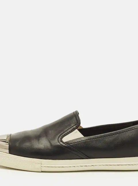 Miu Miu Size 38.5 Black Leather and Metal Metal Cap Toe Slip On Sneakers