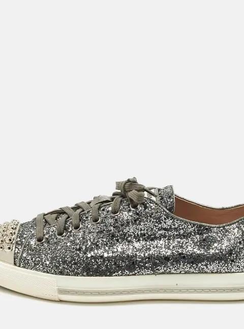 Miu Miu Size 39 Metallic Dark Grey Glitter Studded Cap Toe Low Top Sneakers