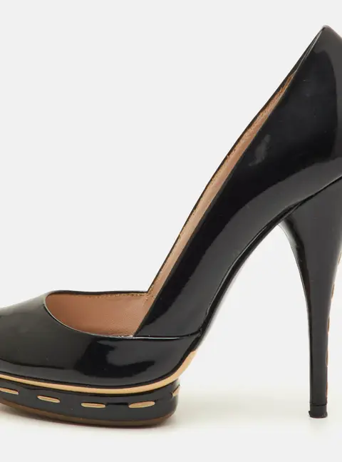 Miu Miu Size 37 Black Patent Leather Peep Toe Pumps