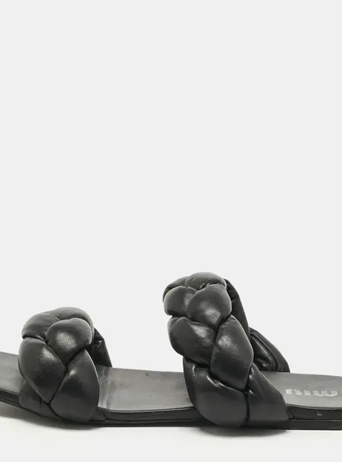 Miu Miu Black Woven Leather Flat Slides Size 39.5