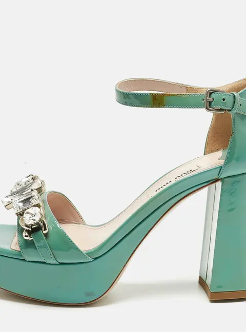Miu Miu Light Green Patent Leather Crystals Embellished Platform Sandals Size 36.5