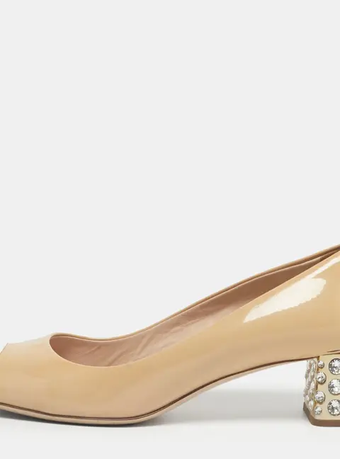 Miu Miu Beige Patent Leather Crystal Embellish Block Heel Pumps Size 38