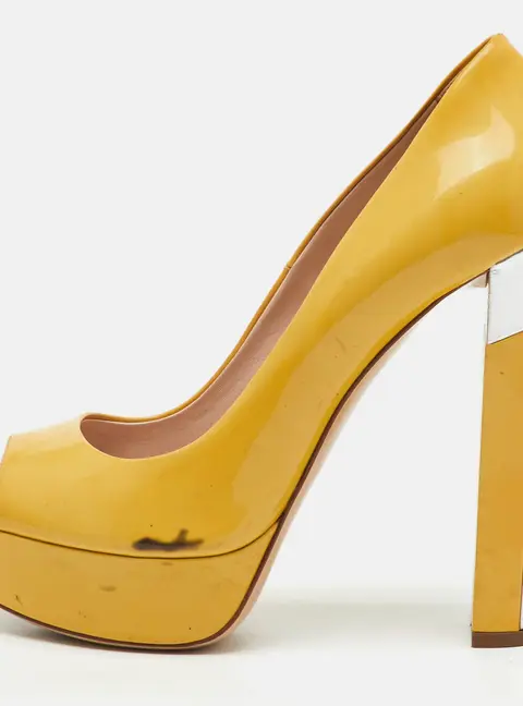 Miu Miu Yellow Patent Leather Peep Toe Platform Pumps Size 38