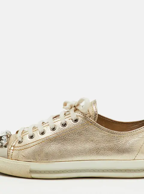 Miu Miu Gold Leather Crystal Embellished Cap Toe Low Top Sneakers Size 39