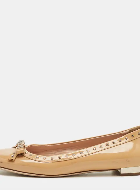 Miu Miu Beige Patent Leather Studded Bow Ballet Flats Size 38.5