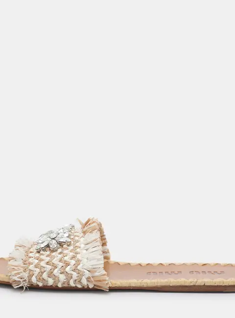 Miu Miu Crystal Embellished Size 38 Beige/White Straw Flats