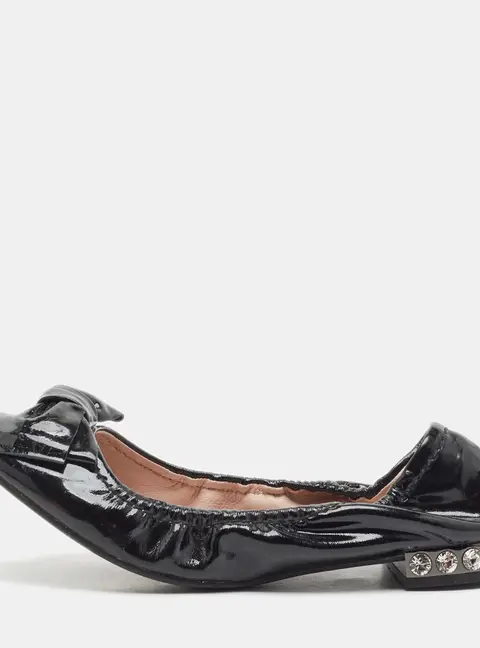 Miu Miu Size 36 Black Patent Leather  Crystal Embellished Scrunch Ballet Flats