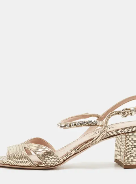 Miu Miu Size 39 Gold Lizard Embossed Leather Crystal Embellished Ankle Strap Sandals