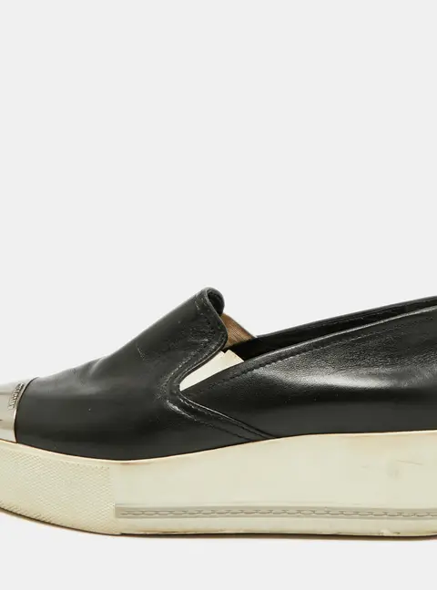 Miu Miu Size 37 Black Leather Platform Slip On Sneakers
