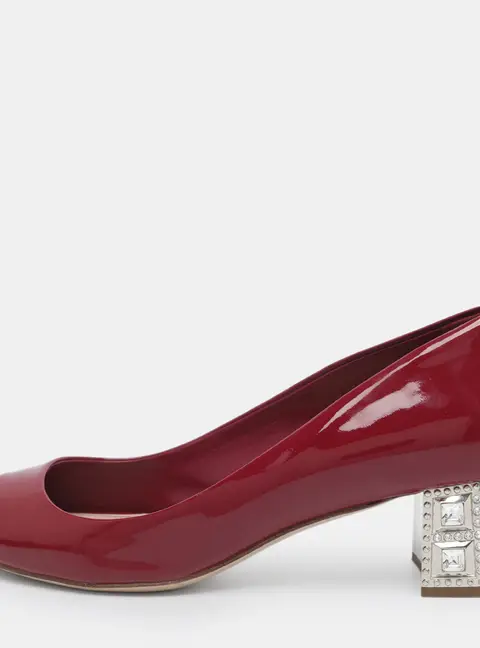 Miu Miu Size 36.5 Burgundy Patent Leather Peep Toe Embellished Block Heel Pumps