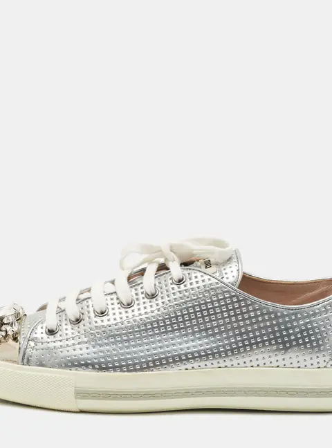 Miu Miu Crystal Embellished Size 39.5 Silver Leather Low Top Sneakers