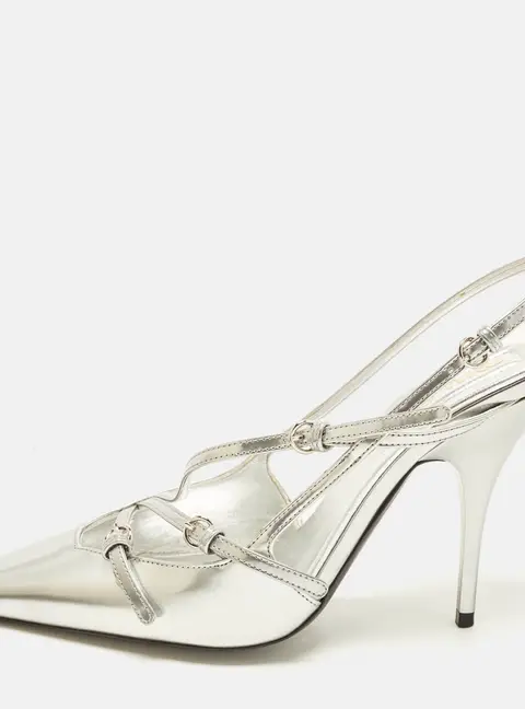 Miu Miu Size 39 Silver Metallic Leather Buckle Slingback Pumps