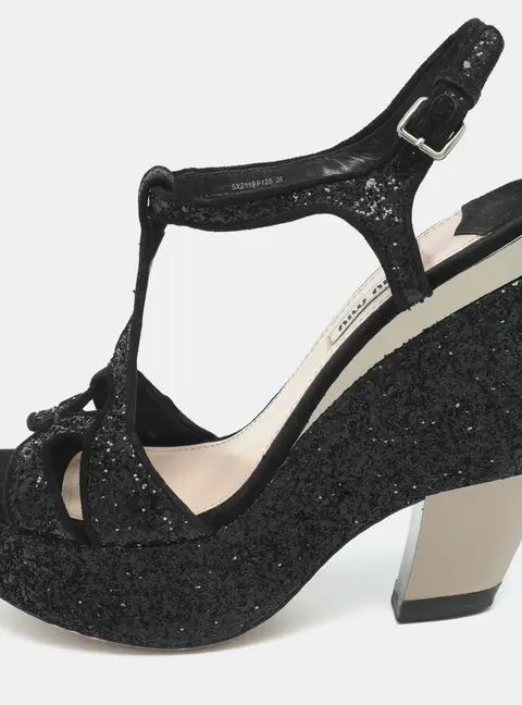 Miu Miu Size 38 Black Glitter and Suede Wedge Sandals