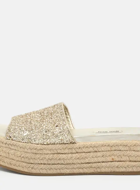 Miu Miu Size 38.5 Gold Glitter Espadrille Platform Slide Sandals