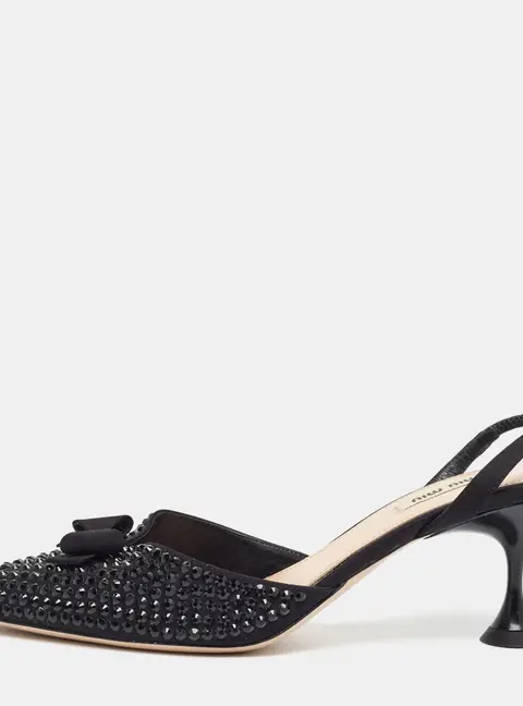 Miu Miu Size 39.5 Black Fabric Crystal Embellished Bow Slingback Pumps