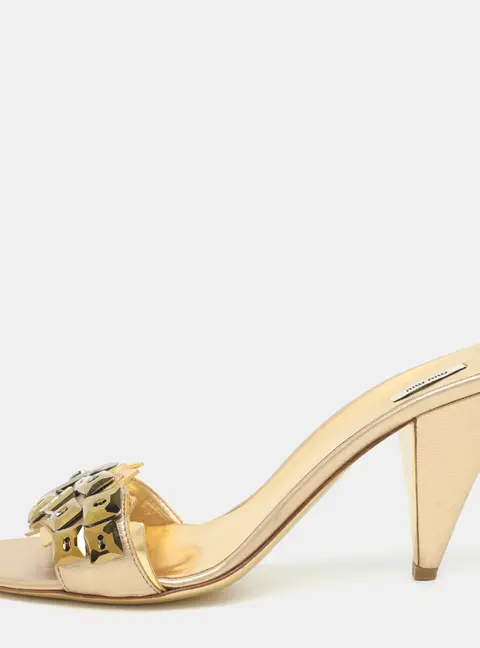 Miu Miu Size 40.5 Gold Gems Embellished and Leather Slide Sandals
