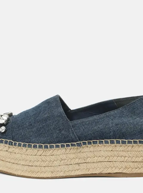 Miu Miu Size 37 Blue Denim Crystal Embellished Cap Toe Platform Espadrille Flats