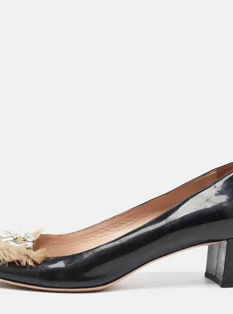 Miu Miu Size 38.5 Black Patent Leather Crystal Embellished Block Heel Peep Toe Pumps
