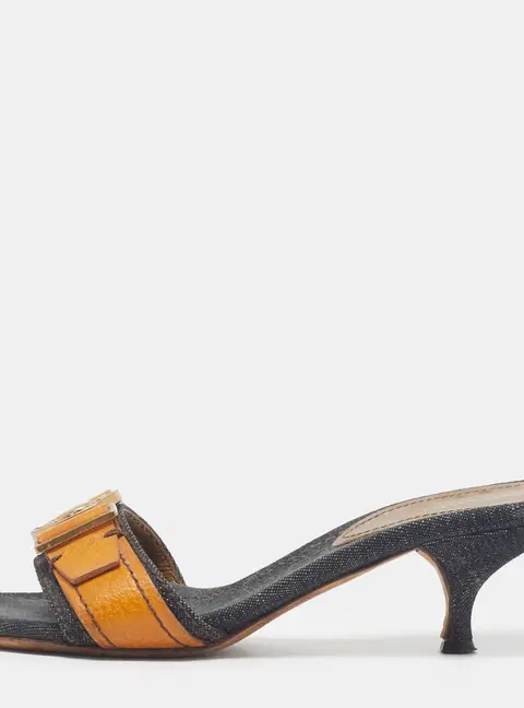 Miu Miu Logo Coin Size 36 Navy Blue/Tan Denim and Leather Slide Sandals