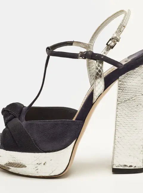 Miu Miu Size 37 Silver/ Navy Blue Snake Print Leather and Suede Ankle Strap Sandals