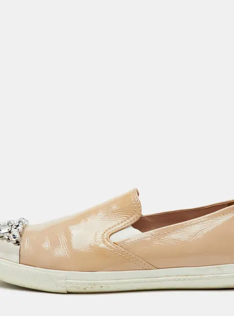 Miu Miu Crystal Embellished Size 39.5 Beige Patent Leather Slip On Sneakers