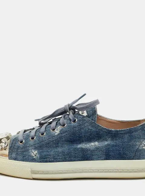 Miu Miu Size 37 Blue Denim Crystal Embellished  Low Top Sneakers