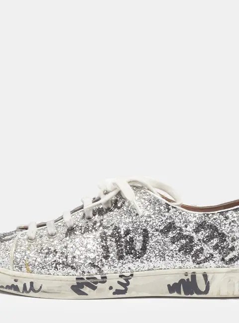Miu Miu Size 40 Silver Glitter and Leather Logo Print Low Top Sneakers