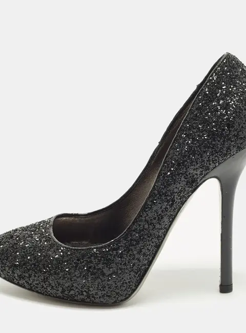 Miu Miu Size 38 Black Glitter Round Toe Platform Pumps