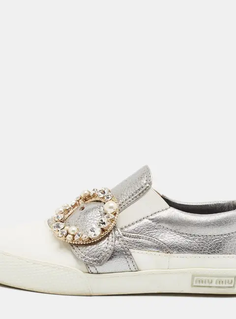 Miu Miu Size 36.5 Silver/White Leather Crystal Embellished  Slip On Sneakers