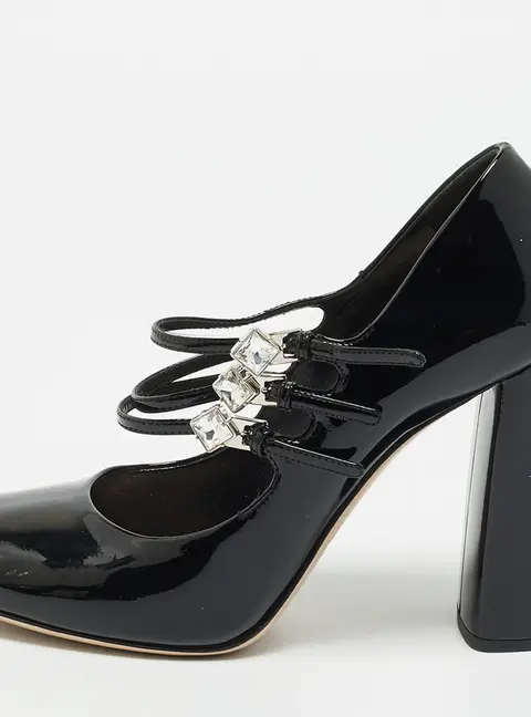 Miu Miu Size 38 Black Patent Leather Block Heel Pumps