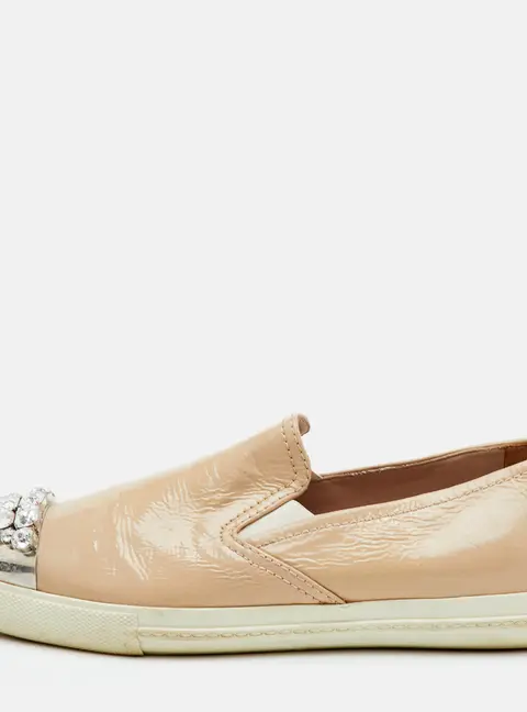 Miu Miu Size 38 Beige Patent Leather Metal Cap Toe Slip On Sneakers